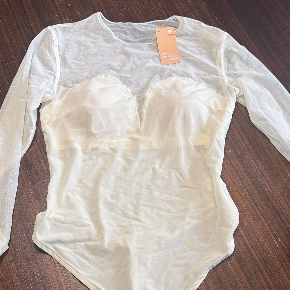 Popilush Elegant off White Sheer Long Sleeve bodysuit